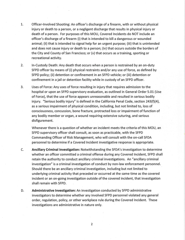 The MOU outlines the agreement between the San Francisco District Attorney's Officer and the San Francisco Police Department regarding the procedures for the criminal investigation of "Covered Incidents" to determine if an officer committed a criminal offense, Page 2